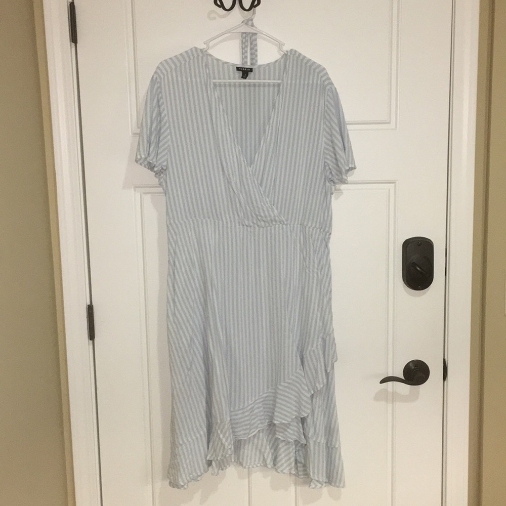Blue and white striped wrap dress with belt